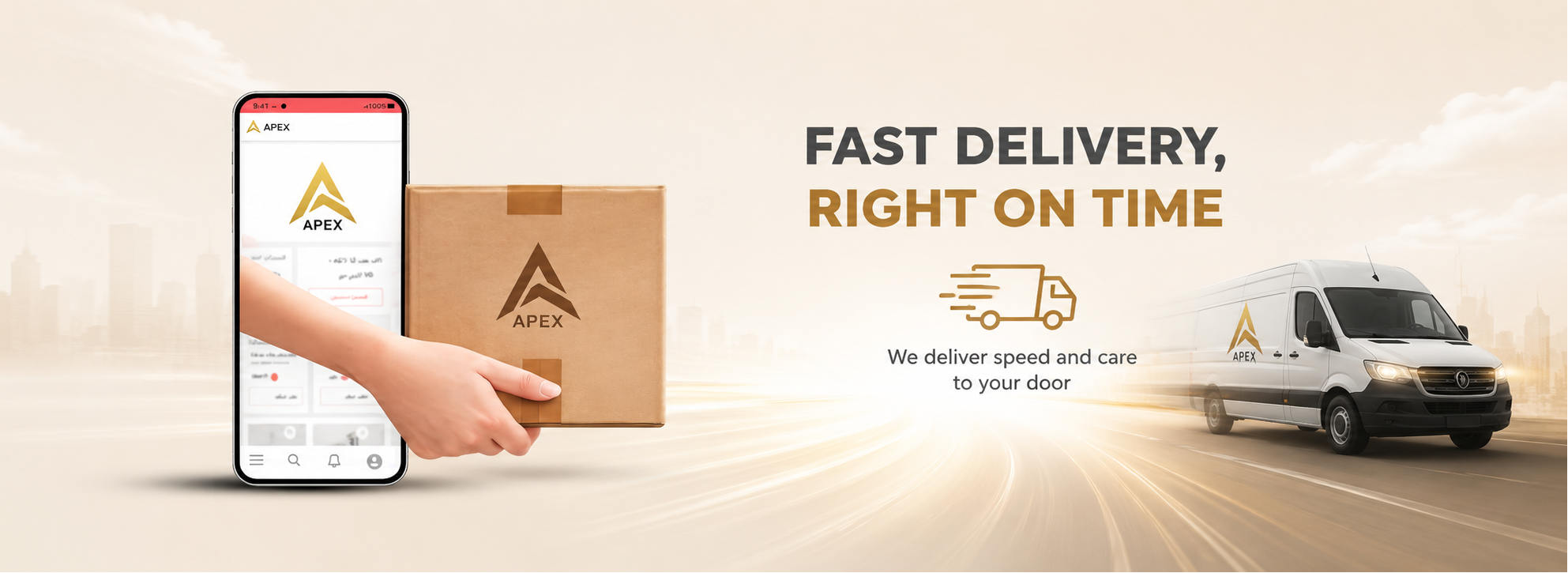 Advertisement for a delivery service with a phone, box, and van on a beige background