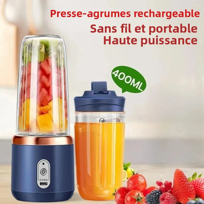 Portable juicer with fruits and juice, labeled '400ML' on a light background.