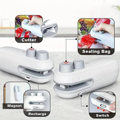 Multifunctional device with cutter, sealing bag, magnet, recharge, and switch features on a white background.