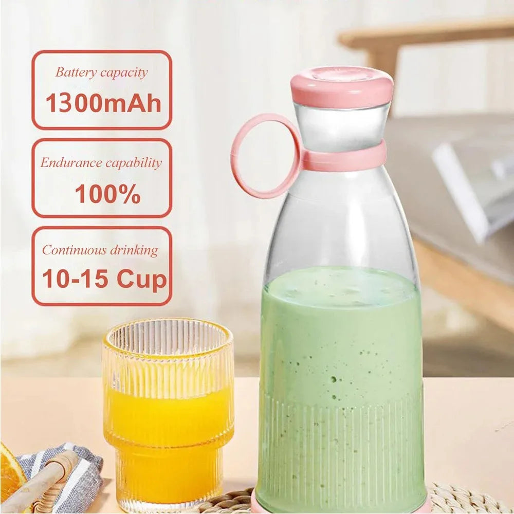 Clear water bottle with pink lid and handle, filled with green liquid, next to a glass of orange juice on a blurred background.