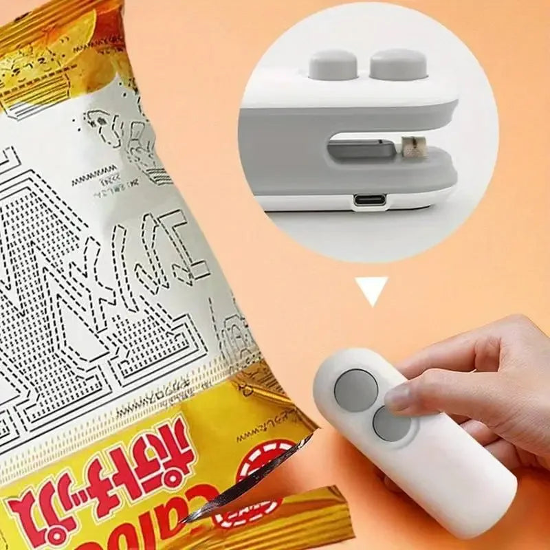 Handheld device with a small inset showing its components, used to open a snack package.