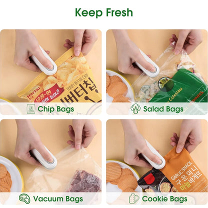 Product packaging showing a vacuum sealer being used on various types of bags including chip, salad, vacuum, and cookie bags.