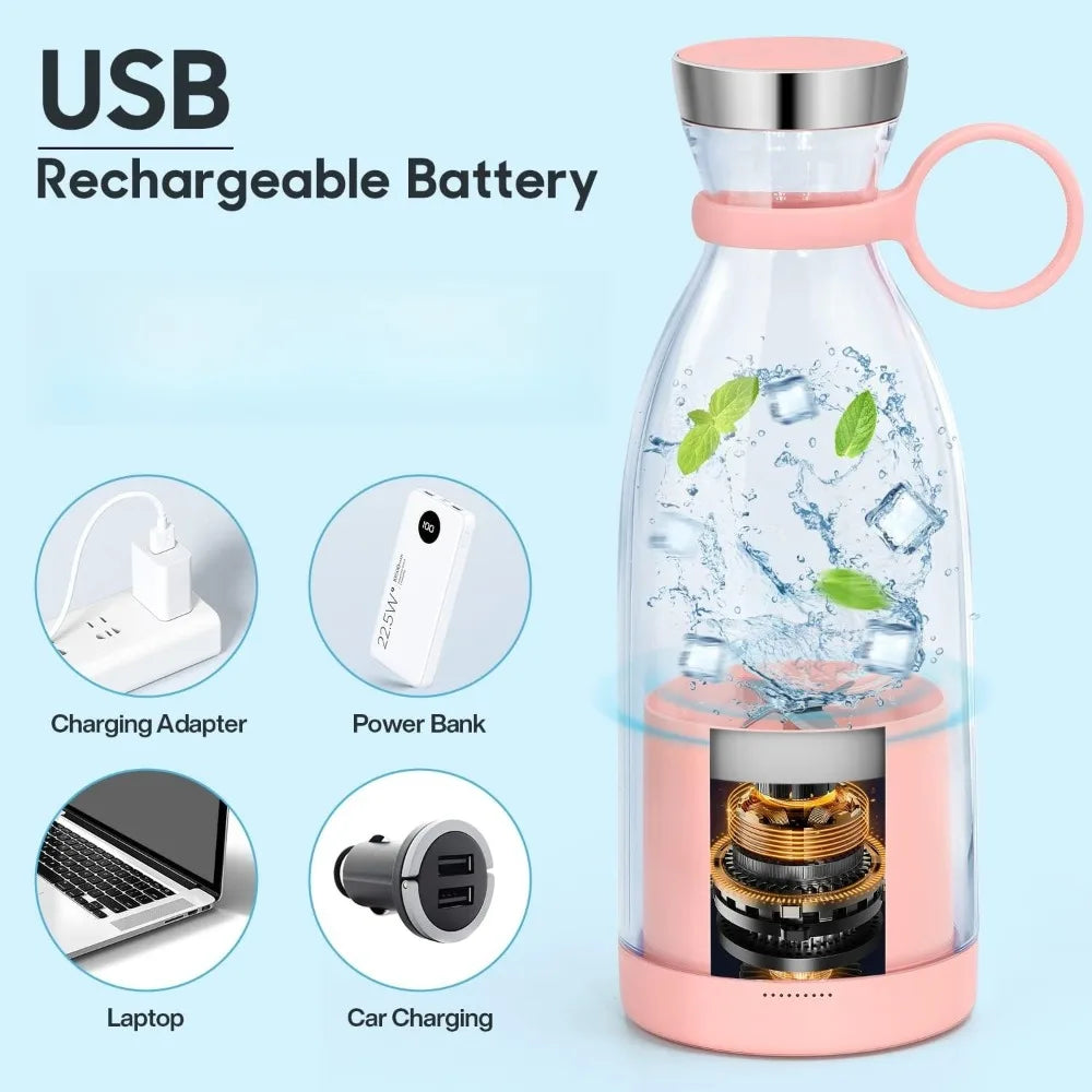 USB rechargeable battery water bottle with charging accessories on a light blue background