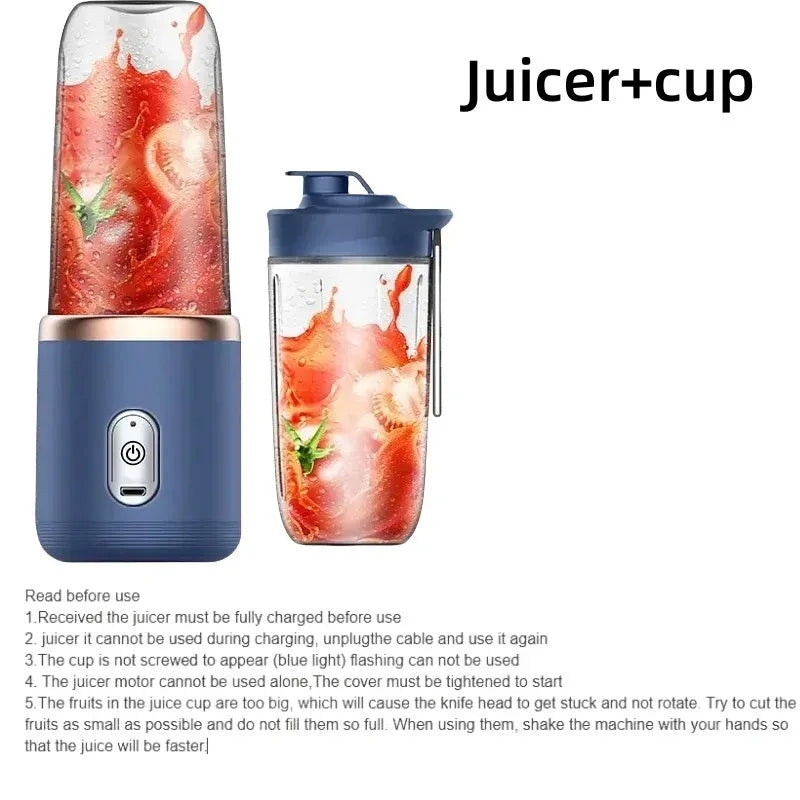 Blue juicer and cup with fruit juice on a white background