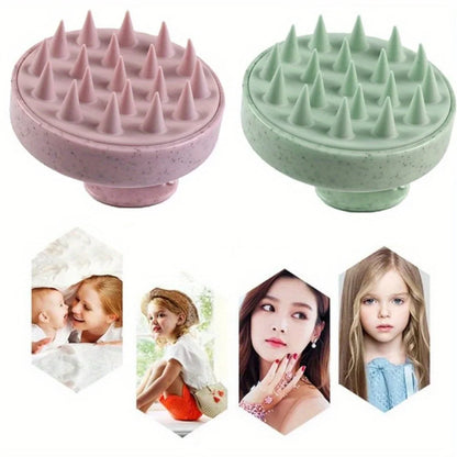 Two silicone scalp massagers, one pink and one green, with four images of people on a white background.