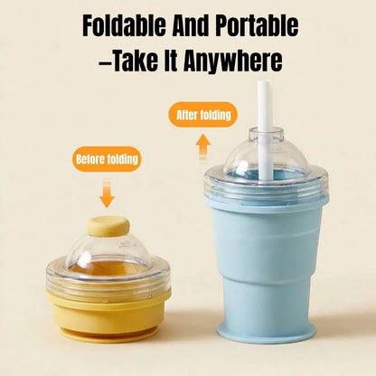 Collapsible silicone cup with straw lid before and after folding on a beige background