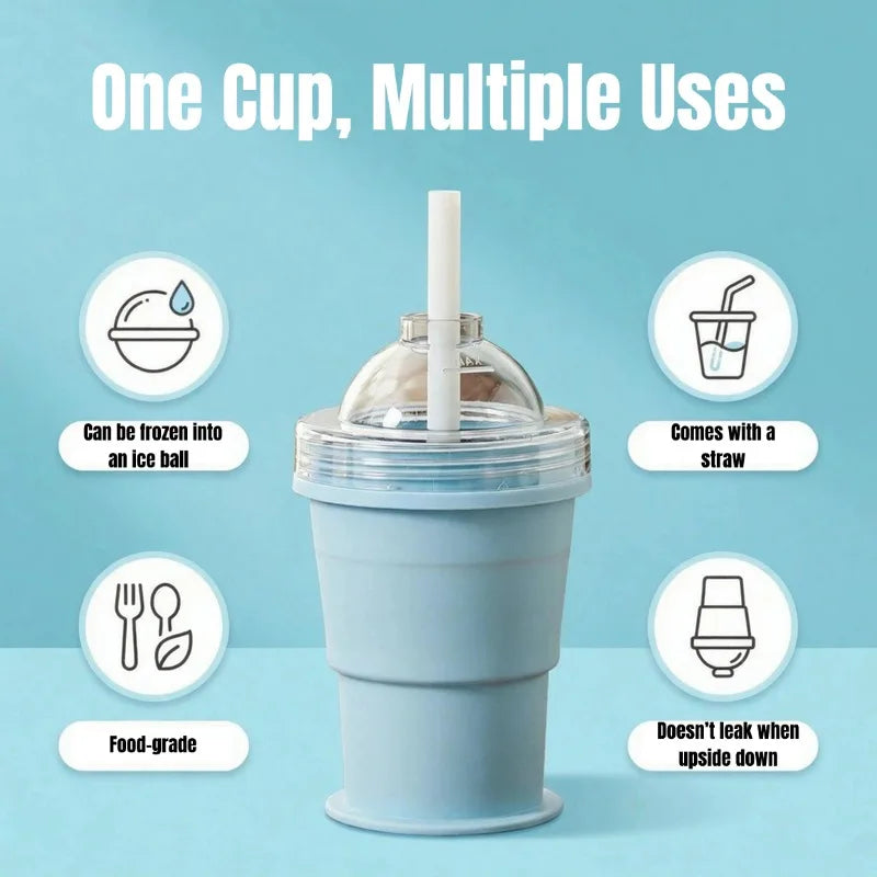 Reusable cup with a straw on a blue background with text 'One Cup, Multiple Uses'.