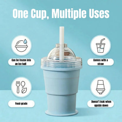 Reusable cup with a straw on a blue background with text 'One Cup, Multiple Uses'.
