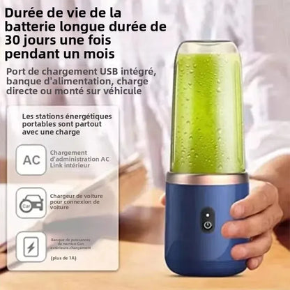 Portable blender with USB charging feature held by a person, with text detailing its features.