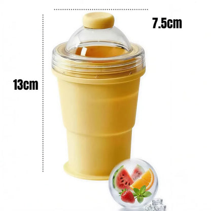 Yellow container with a lid, dimensions indicated, and fruit icons at the bottom.