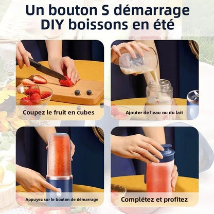 Step-by-step guide on making a fruit drink with text instructions.