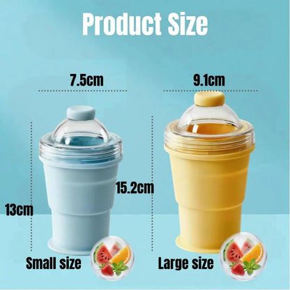 Comparison of small and large product sizes with measurements on a blue background