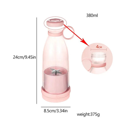 Pink blender with measurements and capacity details on a white background