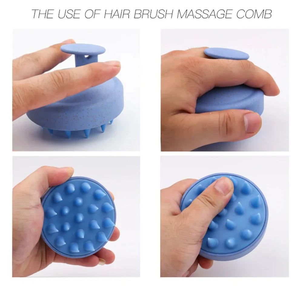 Blue hair brush massage comb held by a hand with text above.