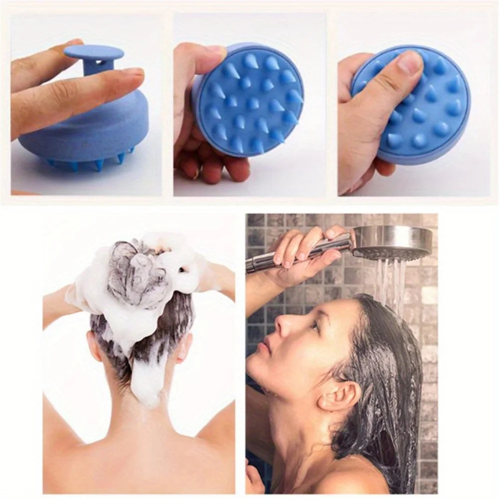 Blue massage tool used for head and scalp care during a shower.
